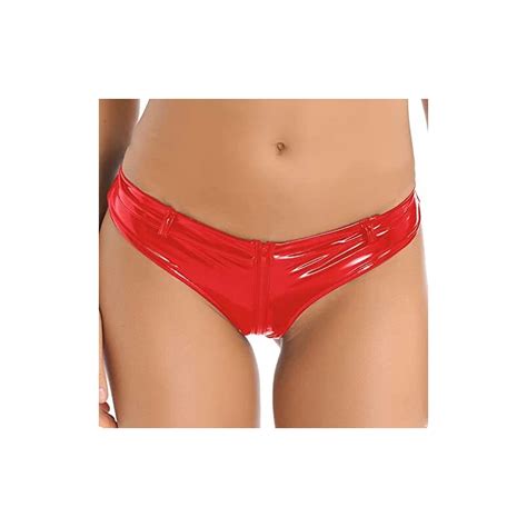 Freebily String Tanga Vita Alta Micro Mini Perizoma Pelle Donna Sexy Wetlook Bikini Slip Nero