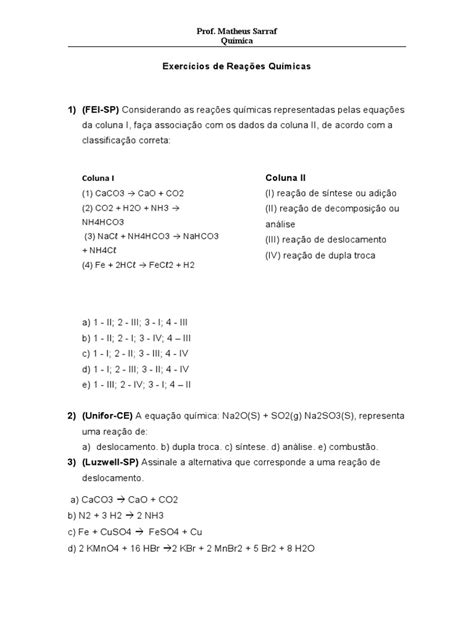 Exercicios Sobre Reações Quimicas - Exercícios sobre Reações Químicas 9º Ano | PDF | Reações químicas ...