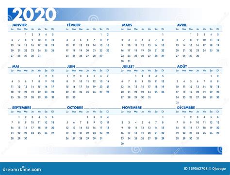 Blue 2020 French Calendar. Printable Landscape Version Stock Vector ...