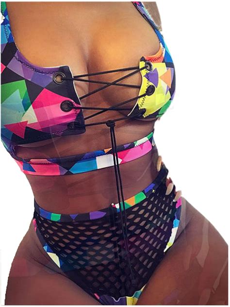 Kupretty Women S African Print Two Piece Lace Up Bikini Set High Cut Fishnet Thong Swimsuit