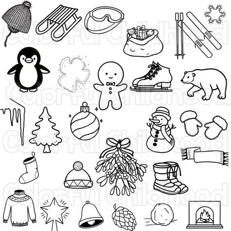 winter doodle clipart black  white outline   art clipart
