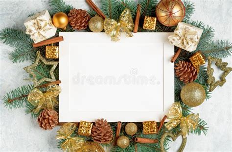 Christmas Border Tree Branches With Golden Decor Isolated On White