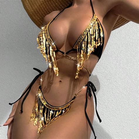 Custom Logos Sexy Swimwear Fashion Design Gold Sequins Bikini Set