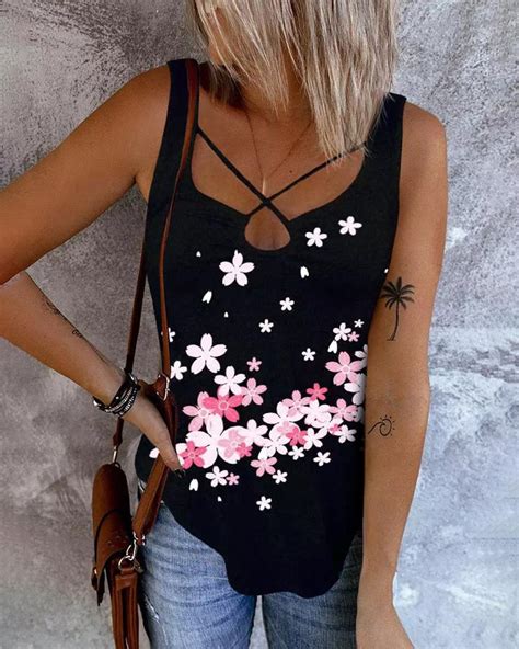 Cherry Blossoms Print Crisscross Tank Top