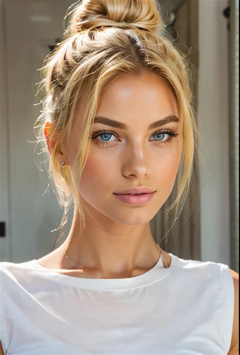 A Woman With A Messy Bun With Blue Eyes And Blonde Hair SeaArt AI
