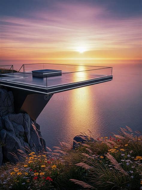 illuminated cliff edge glass platform  sunset stock image image