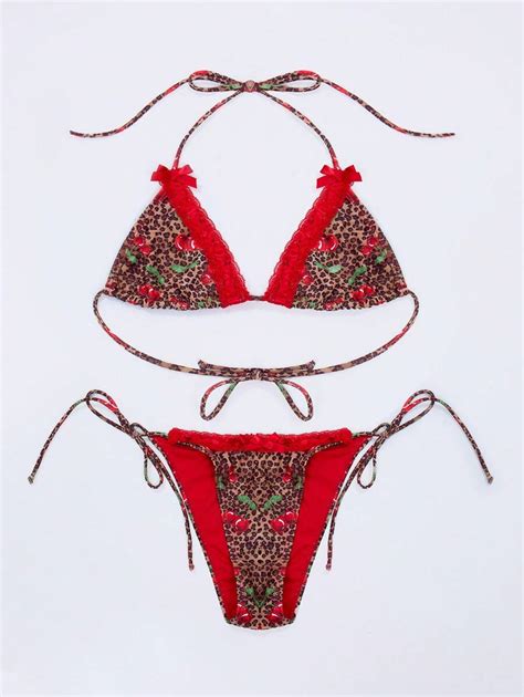 Musera Cherry Leopard Ribbon Detail Thong Bikini Bottom Summer Beach Vacation Shein Usa
