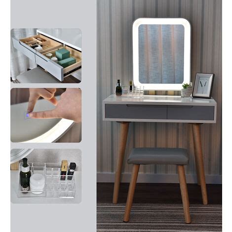 Coiffeuse Avec LED Miroir Style Moderne Table De Maquillage Et Tabouret