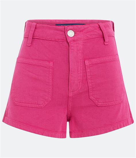 Short Hot Pants Cintura Alta Em Jeans Bolsos Frontais Rosa