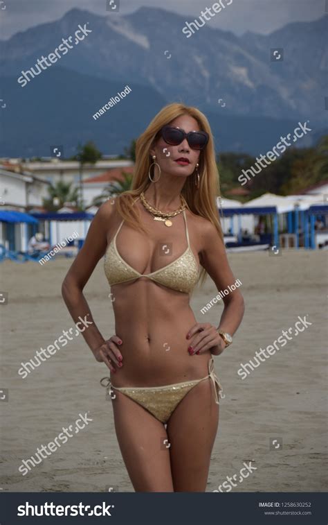 Sexy Blonde Model Gold Bikini Stock Photo 1258630252 Shutterstock