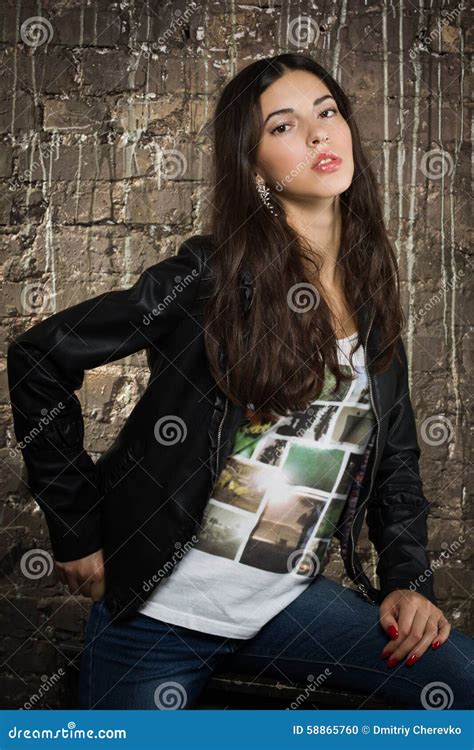 Pretty Brunette Woman In Leather Jacket Stock Photo Image Of Cute Beautiful 58865760