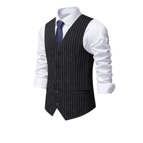 Gilet De Costume Homme Business Sans Manches Veste Rayée Col V Slim Fit Mariage Soirée Formelle