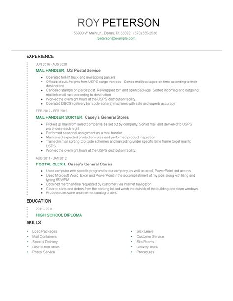 Mail Handler Resume Sample