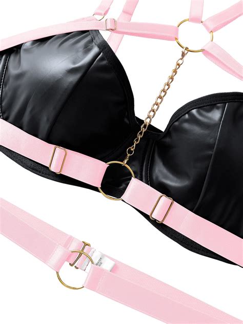 Snapklik Women Sexy Chain Strappy Underwire O Ring Push Up Garter Belt Chocker Lingerie