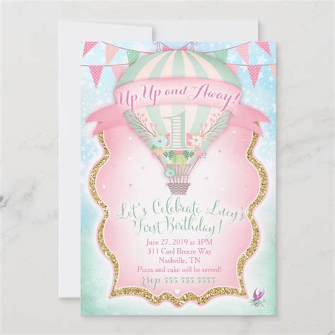 Gc Hot Air Balloon First Birthday Lucy Invitation Zazzle