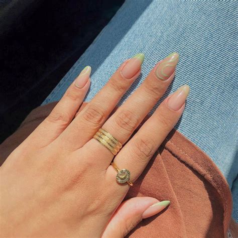 Trendy Summer Almond Nail Designs Soft Green Swirl Nude Nails