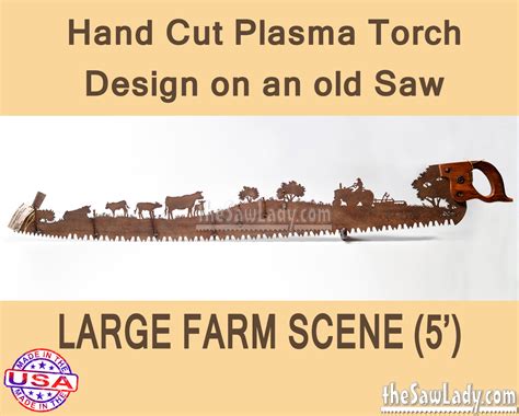Large Farm Scene Hand Cut Plasma Metal Art Hand Saw Rustic Wall