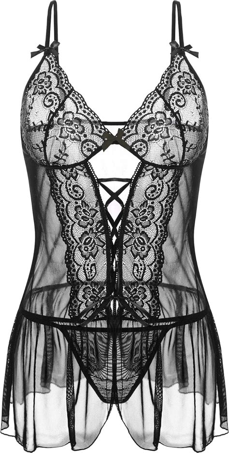 Klier Women Lingerie Sexy Chemise Lace Babydoll Sheer Mesh Nightwear V Neck Sleepwear Black At