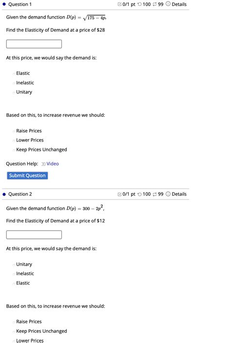 Solved Question 1 0/1 pt 3 100 99 Details Given the demand | Chegg.com