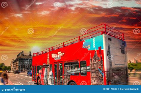 Red Sightseeing Tour Bus Across London. at Sunset Editorial Image ...