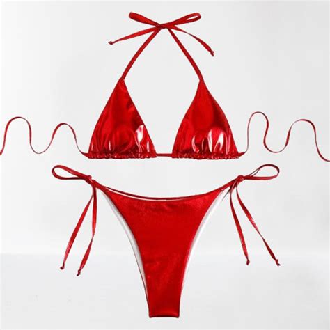 Triangle Metallic Bikini Set Tie Up Bikini Women S Swimwear Cheeky Bikini Adjustable Bikini