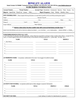 Fillable Online Subscriber Info Form Binkley Alarm Fax Email Print