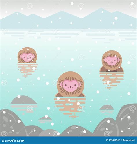 Japanese Snow Monkeys That Enters A Hot Spring Stock Vector Illustration Of Bath Japan 103462565