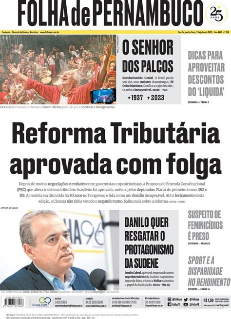 Capa Folha De Pernambuco Edi O Sexta De Julho De