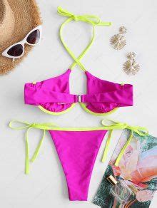 ZAFUL Contrast Binding Halter Underwire String Bikini Swimwear In RED