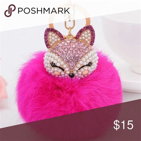 Hot Pink Fox Pom Pom Key Chain Fur Ball Handbag Charms Rhinestone Keychain