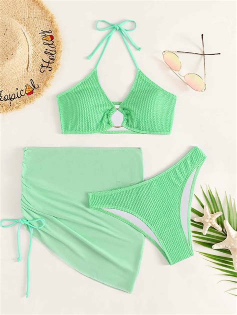 Shein Swim Piezas Ba Ador Bikini Con Textura Vinculado Con Aro Con