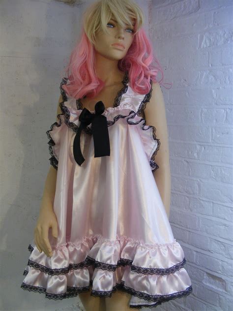 Sissy Adult Baby Pink Satin Lace Frilly Ruffled Baby Doll Nightie Negligee Dress Top Lingerie