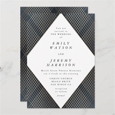 Diamond Geometric Navy Deco Gold Gatsby Wedding Invitation Zazzle