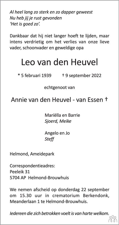 Leo Van Den Heuvel Overlijdensbericht En Condoleances