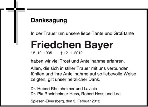 Traueranzeigen Von Friedchen Bayer Saarbruecker Zeitung Trauer De