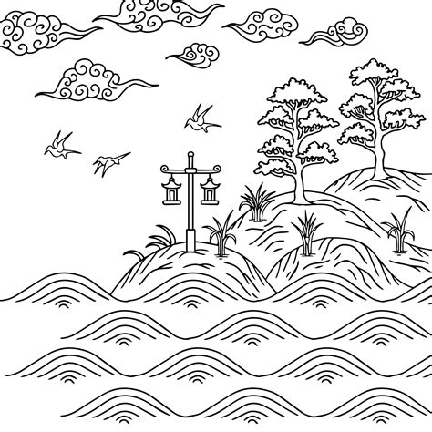 Print Design Asian Landscape Painting Outline 11633216 Vector Art at ...