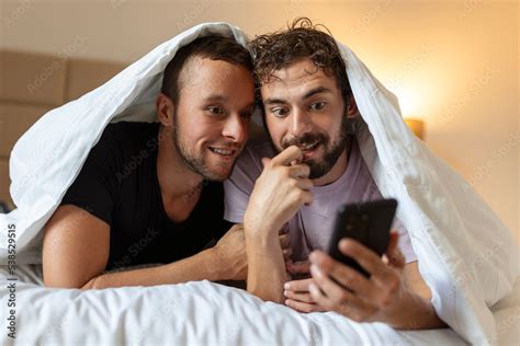 Happy Gay Couple Having Tender Moments In Bedroom Homosexual Love Relationship And Gender