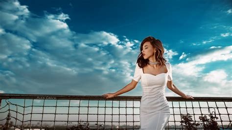 Sunlight Women Outdoors Women Model Brunette Sky Sitting White Dress Photography
