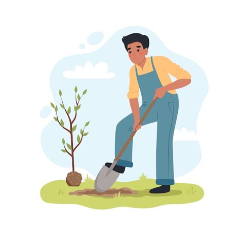 Hombre negro desenterrando el suelo con pala para plantar un árbol