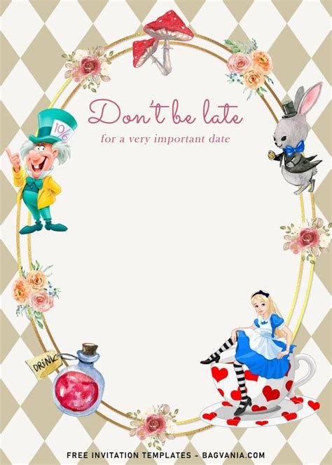 8 Vintage Alice In Wonderland Birthday Invitation Templates FREE