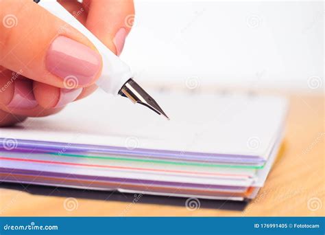 Female Hands Write In A Notebook Office Place Close Up View Image