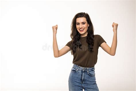 Hooray I Did It Successful Lucky Cute Brunette Woman Jumping From