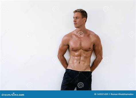 Athletic Man With Naked Torso On White Background Fashion Portrait Of Sporty Healthy Guy Stock