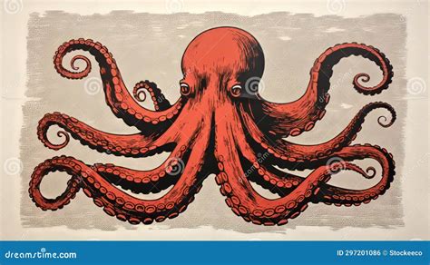 Andrew Bartlett S Red Octopus A Bold Foampunk Lino Print Stock