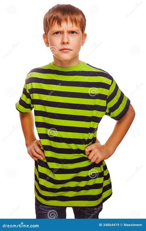 Blonde Sombere Ernstige Jongen In Een Groen Gestreept Overhemd Stock Afbeelding Image Of