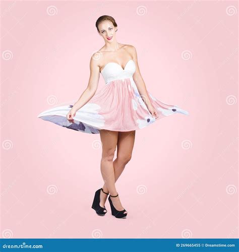 Elegant Brunette Girl In Pink Floral Fashion Dress Stock Image Image Of Girl Dancer