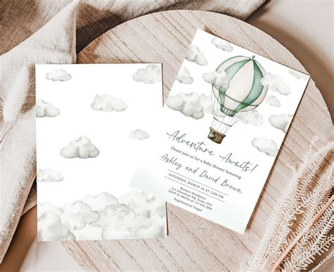 Editable Green Hot Air Balloon Baby Shower Invitation Adventure Awaits