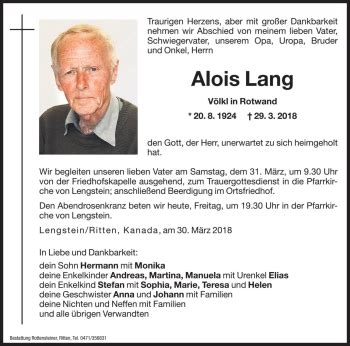 Traueranzeigen Von Alois Lang Trauer Bz