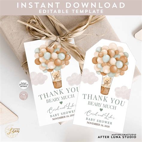 Editable Sage Green Teddy Bear Hot Air Balloon Bear Baby Shower Thank You Favor Gift Tag Favor