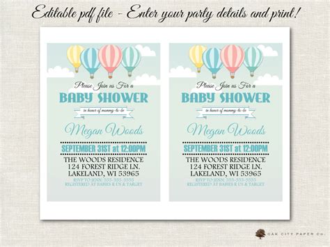 Hot Air Balloon Baby Shower Invitation Hot Air Balloon Shower Etsy